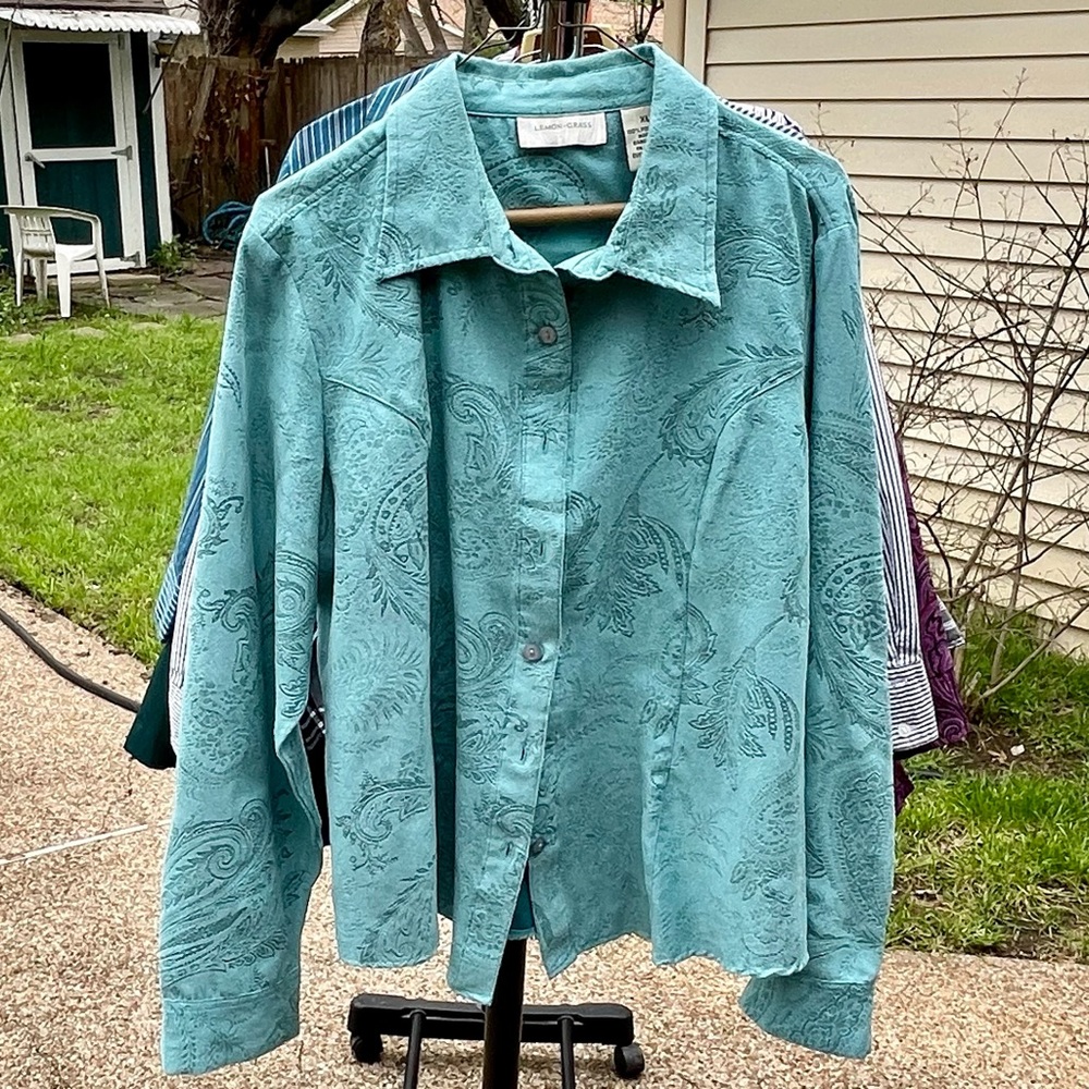 Seafoam button-down shirt, soft suede feel, paisley pattern